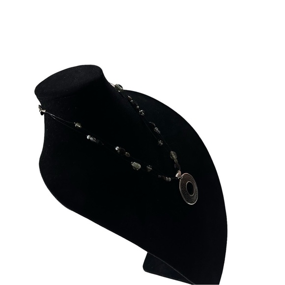 Signed Chicos 3 Strand Glass & 925 Bead Round Leather Inset Pendant Necklace 22” - Picture 13 of 16